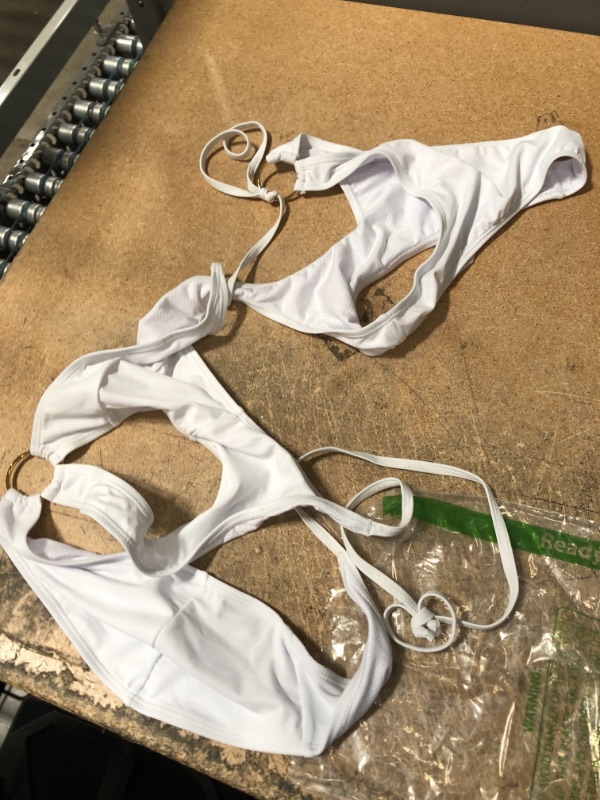 Photo 1 of  womens white swimsuit with gold rings linked one piece MEDIUM