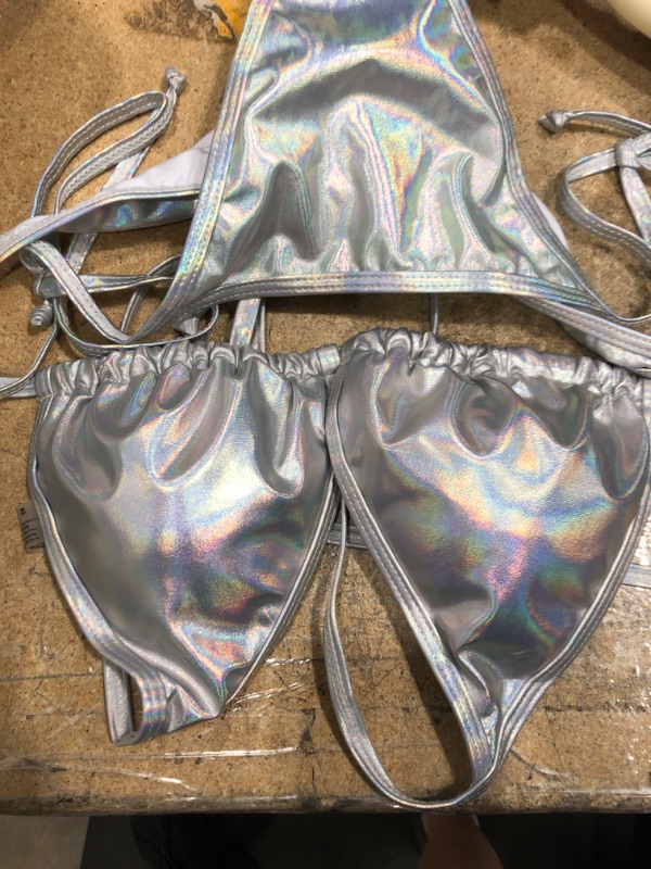 Photo 2 of  Women's 2 Piece Metallic Bathing Suit Halter Triangle Bikini Tie Side Swimsuit
