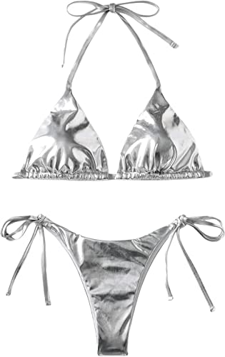 Photo 1 of  Women's 2 Piece Metallic Bathing Suit Halter Triangle Bikini Tie Side Swimsuit
