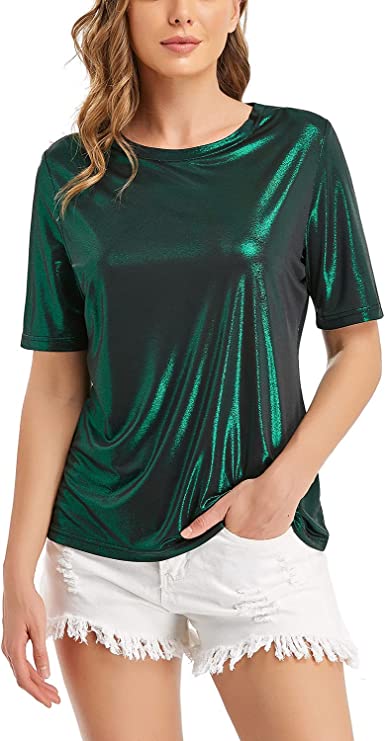 Photo 1 of  Women's Shiny Tops Holographic Metallic Shirt Shimmer Glitter Sparkle Party Disco Tee Shirt Blouse
