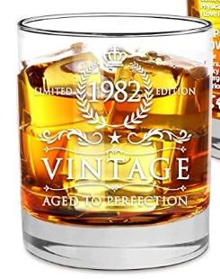 Photo 1 of (X2) Vintage 1982 Printed 10.25oz Whiskey Glass, 1982 40th Birthday Gift for Men/Dad/Son, Hand Crafted Old Fashioned Whiskey Glasses, Perfect for Gift and Home Use
