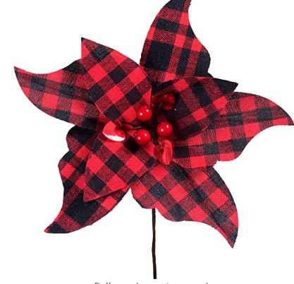 Photo 1 of 16 Pcs Christmas Red and Black Buffalo Check Poinsettia Flower Picks with Red Berries Christmas Tree Ornaments for Rustic Vintage Christmas Tree Wreaths Garlands Winter Wedding Holiday Decoration
