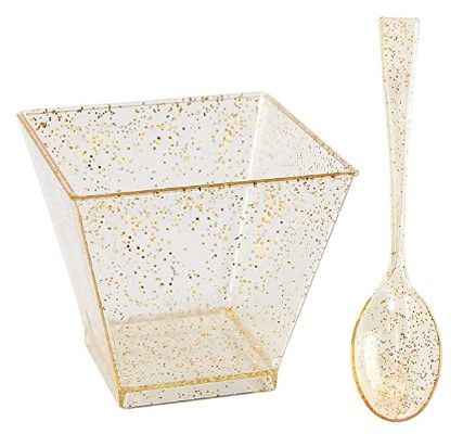 Photo 1 of 200 Pieces Small Plastic Dessert Cups with Mini Spoons Gold Glitter, Premium Quality 