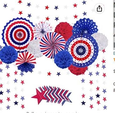 Photo 1 of (X5) MOVINPE 4th of July Patriotic Party Decorations Set, American Flag Hanging Paper Fans, Paper Flower Balls Pom Poms, 4Pcs Star Streamers Banner Garland Independence Day Party Supplies