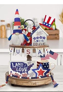 Photo 1 of 4th of July Decorations for Summer Tiered Tray, 6 Pcs Patriotic Wooden Signs with Plush Gnome & Bead Garland for Independence Day Memorial Day Presidents Day
