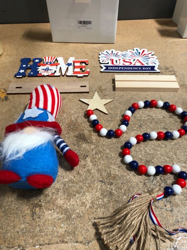 Photo 2 of 4th of July Decorations for Summer Tiered Tray, 6 Pcs Patriotic Wooden Signs with Plush Gnome & Bead Garland for Independence Day Memorial Day Presidents Day
