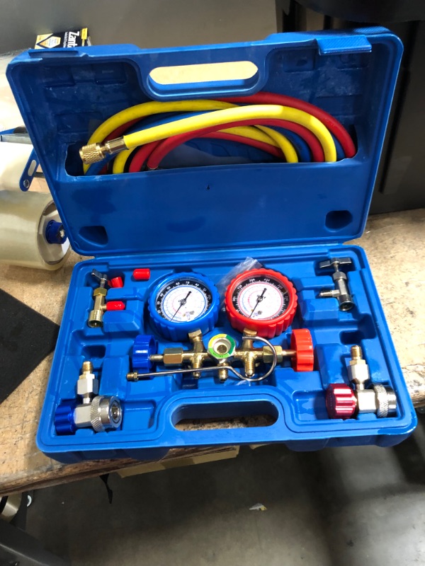 Photo 3 of 3 Way AC Diagnostic Manifold Gauge Set for Freon Charging, Fits R134A R12 R22 and R502 Refrigerants, with 3FT Hose, Tank Adapters, Quick Couplers and Can Tap
