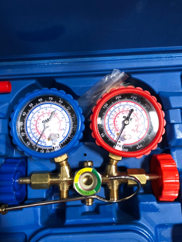 Photo 2 of 3 Way AC Diagnostic Manifold Gauge Set for Freon Charging, Fits R134A R12 R22 and R502 Refrigerants, with 3FT Hose, Tank Adapters, Quick Couplers and Can Tap
