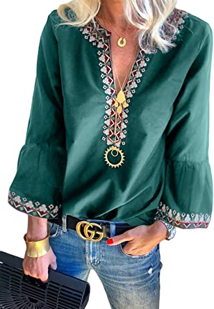 Photo 1 of FARYSAYS Women's Casual Boho Embroidered V Neck Long Sleeve Shirts Casual Loose Blouses Tops- 