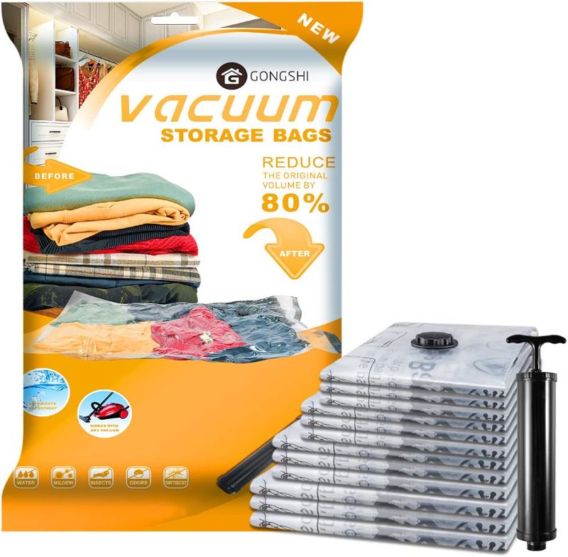 Photo 1 of Vacuum Storage Bags (3 x Jumbo, 3 x Large, 3 x Medium, 3 x Small), Space Saver Sealer Compression Bags with Travel Hand Pump for Blankets, Comforters, Pillows, Clothes Storage
