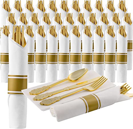 Photo 1 of 60 Pack Pre Rolled Gold Plastic Cutlery Set - Gold Plastic Silverware with Ornate Antique Gold Handle, Pre Wrapped Disposable Utensils Set with 60 Forks, 60 Knives, 60 Spoons, 60 Napkins, for Party
