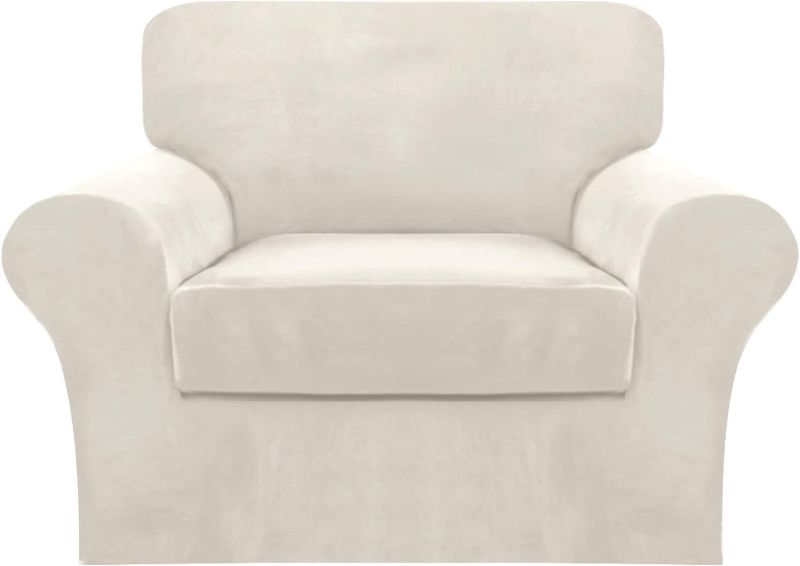 Photo 1 of 2 Piece Chair Cover Sofa Covers Velvet Chair Covers for Living Room Chair Slipcovers with Individual Cushion Covers Elastic Furniture Protector for Pets, Machine Washable,(Armchair, Ivory)
