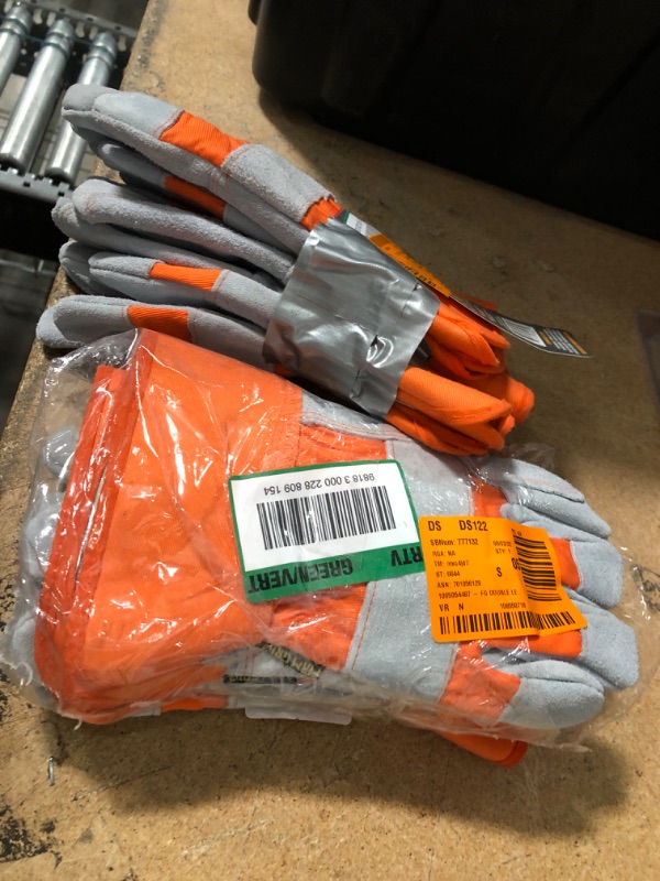 Photo 1 of Firm Grip Large- Tough Working Gloves Suede Double Leather Palm Orange Gray 6 PACKS.
