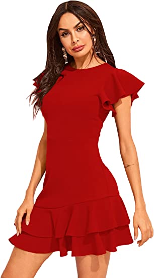 Photo 1 of Floerns Women's V Back Inslace Layered Ruffle Hem Flutter Sleeve Dress LARGE GARNET RED
