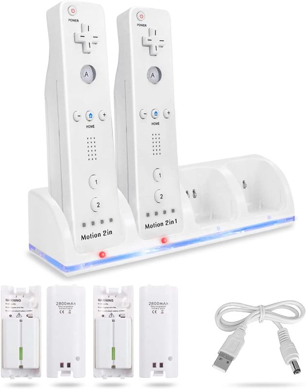 Photo 1 of 4-in-1 Charging Station for Wii&Wii U Remote Controller,Charger with 4 Rechargeable Battery Packs (4 Port Charging Station+4 pcs 2800mAh Replacement Batteries+USB Cable),Remote Not Included
