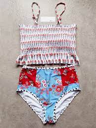 Photo 1 of Floral Print Ruffle Hem Scrunched High Waisted Bandeaux Bikini Set MEDIUM.
