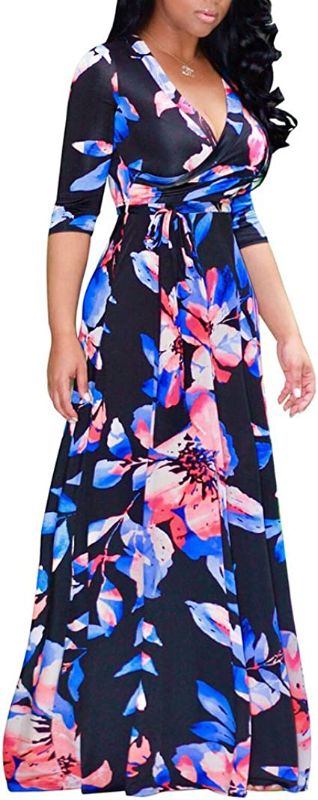 Photo 1 of SheKiss Women's Sexy V Neck Floral Long Sleeves Maxi Dresses Casual Loose Party Prom Ladies Outfits 3XL
