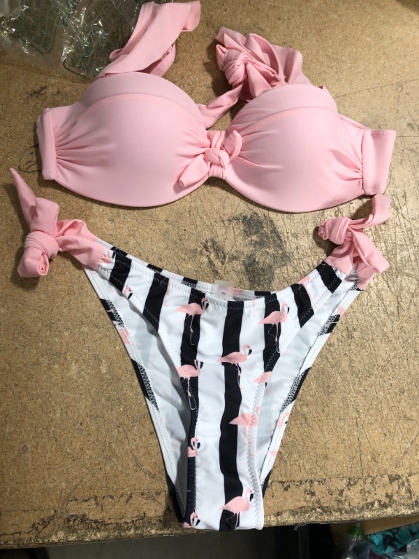 Photo 2 of Lilosy Cute Flamingo Striped Side Tie Ruffle Strap Knotted Front Bikini Swimsuit Set Women Tie Back Bathing Suit SMALL.
