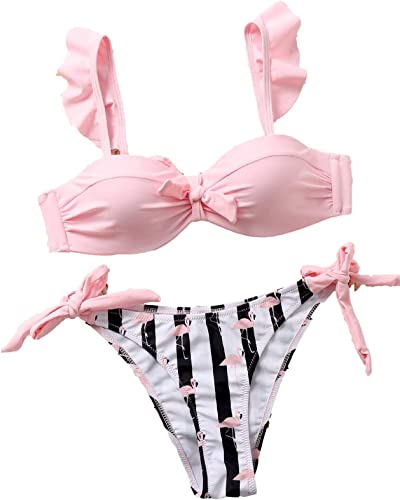 Photo 1 of Lilosy Cute Flamingo Striped Side Tie Ruffle Strap Knotted Front Bikini Swimsuit Set Women Tie Back Bathing Suit SMALL.
