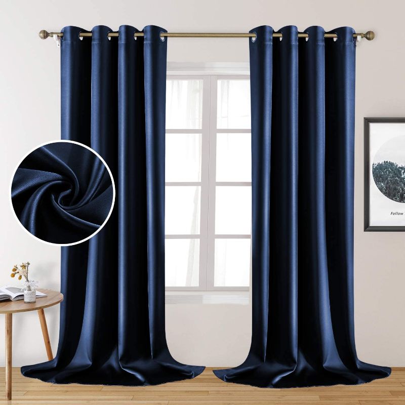 Photo 1 of  2 Panels Faux Silk Curtains Navy Blackout Curtains for Bedroom 52 X 108 Inch Blue Room Darkening Satin Drapes/Curtains