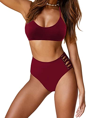 Photo 1 of Blooming Jelly Womens High Waisted Bikini Set Scoop Neck Tie Knot Two Piece Swimsuits Criss Cross Bathing Suits SMALL.
