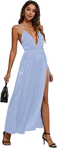 Photo 1 of Aigeman Womens Sexy Deep V Neck Backless Satin Wedding Guest Party Dress Spaghetti Straps High Slit Cocktail Maxi Dress 70000 MEDIUM.
