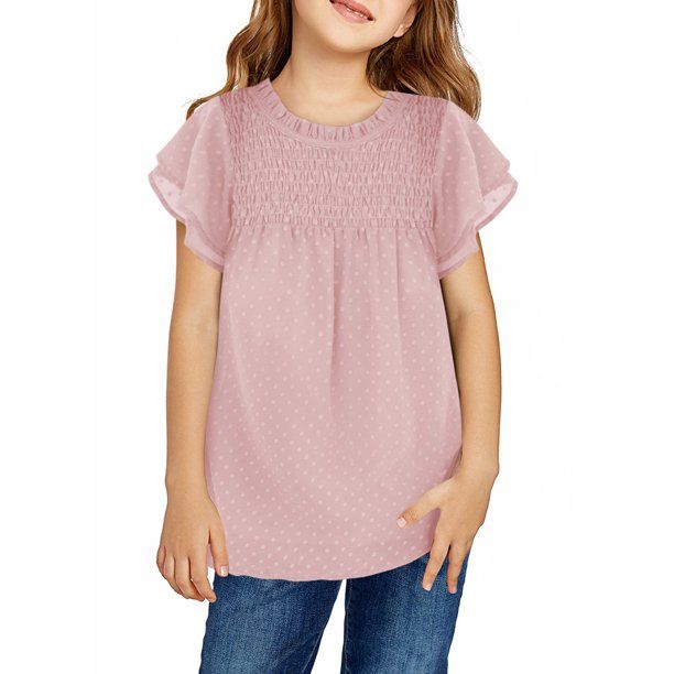 Photo 1 of Girls Short Sleeve T Shirts Crewneck Lace Crochet Pom Pom Flowy Swiss Dot Blouses Tops XL 10-11YEARS.