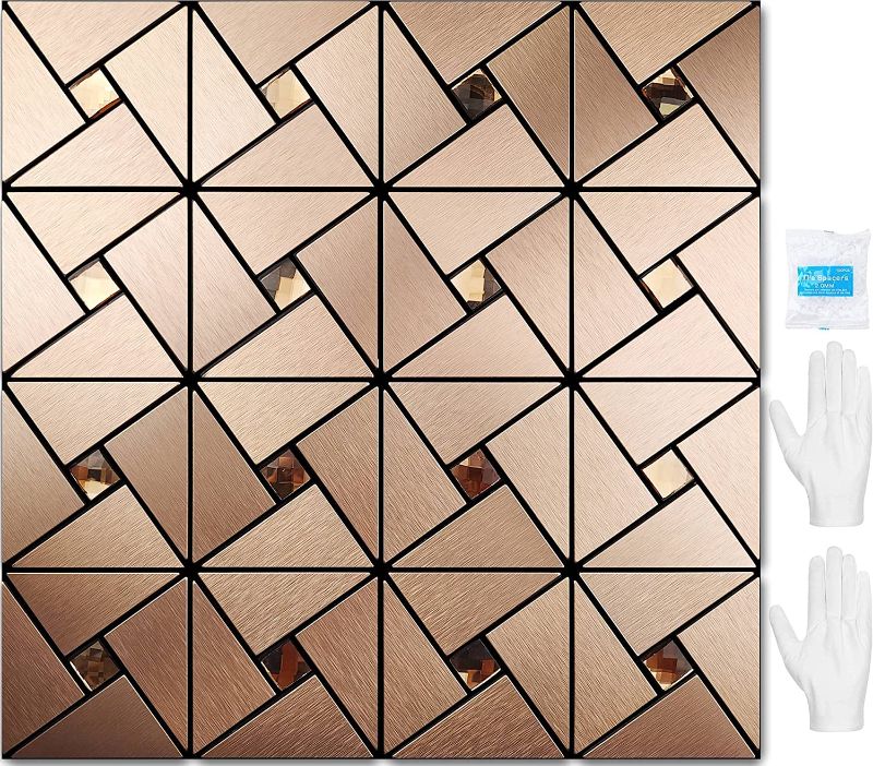 Photo 1 of Vamos Tile Peel and Stick Backsplash Tile with Gloves - Metal Tile Stick on Backsplash for Kitchen and Bathroom Rosegold Windmill Puzzle Glass Mixed Self Adhesive Mosaic Tiles(12"x12"x10 Sheets)
