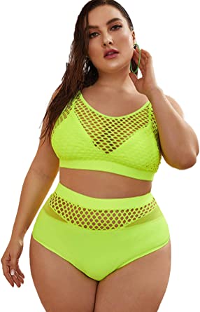 Photo 1 of Floerns Women's Plus Size Splice Fishnet Cami Top and High Waist Bikini Set XXL.
