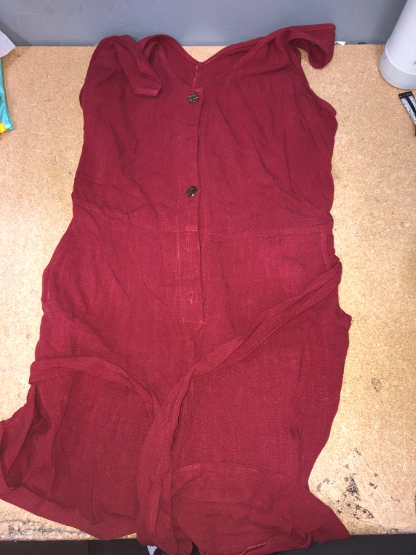 Photo 2 of BUNDLE OF 3 WOMENS CLOTHING ITEMS
DENIM OVERALLS SMALL, BURGANDY ROMPER LARGE, WHITE MATERNITY TOP (STAINED) MED