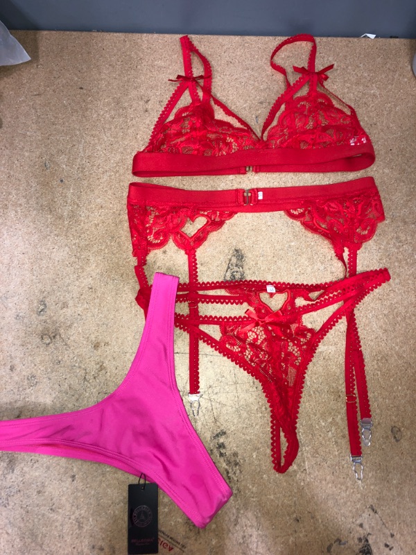 Photo 1 of BUNDLE FOR THE LADIES... 2 ITEMS
RED 3 PCS LINGERIE SET, SIZE M.. PINK BRAZILLIAN BIKINI BOTTMS, SIZE S