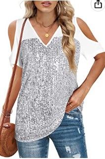 Photo 1 of ALLTB Womens Sequin Cold Shoulder Tops Short Sleeve Summer Sexy Sparkle Shimmer Basic Tee Shirts