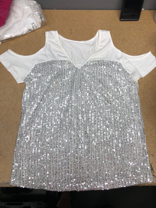 Photo 3 of ALLTB Womens Sequin Cold Shoulder Tops Short Sleeve Summer Sexy Sparkle Shimmer Basic Tee Shirts