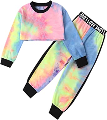 Photo 2 of Betusline Kids Girls Tie Dye Outfits, 2 Pieces Crop Tops + Pants Set