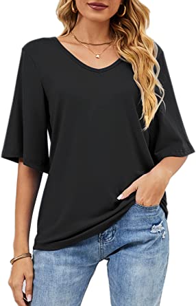 Photo 1 of Hount Women's Casual Blouse Summer Loose Fit Tops V neck 3/4 Bell Sleeve Shirt (S)
