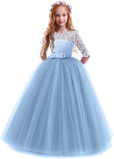 Photo 1 of Girls Flower Vintage Floral Lace 3/4 Sleeves Floor Length Dress Wedding Party Evening Formal Pegeant Dance Gown
