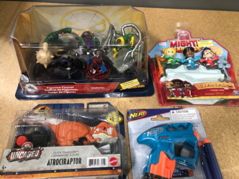 Photo 1 of BUNDLE OF BOY TOYS: JURASSIC PARK REMOTE CONTROL DINOSAR TOY, SPIDER-MAN FIGERINE PLAYSET, MIGHTY- EXPRESS FIGURINE 3 PCS, NERF GUN 4PCS SET, 