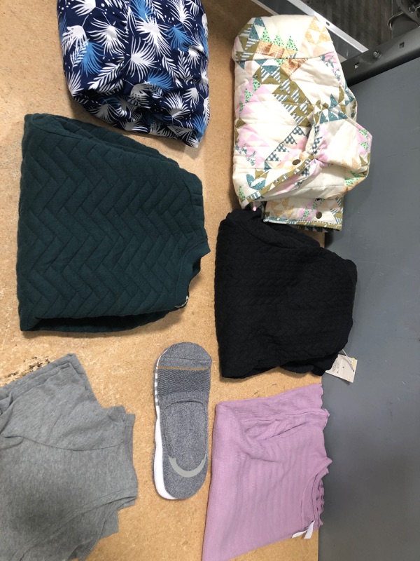 Photo 1 of BUNDLE OF WOMANS CLOTHING: (XL) BEIGE JACKET, (L/XL) BLUE FLOWER DRESS, (S) BLACK SWEATER, (XS) DARK GREEN SWEATER, (M) PURPLE SHIRT, (M) GRAY CROP TOP SHIRT, 3 PAIR SOCK