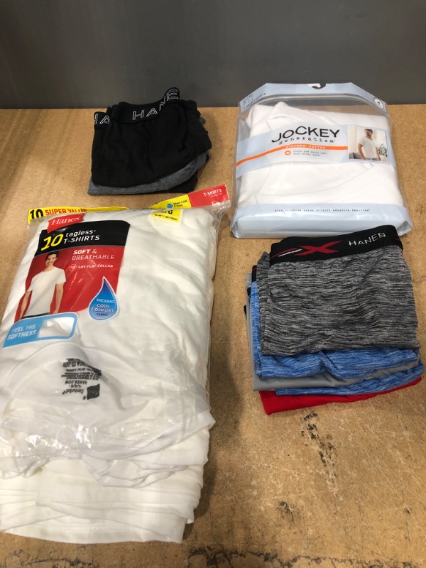 Photo 1 of BUNDLE OF MENS CLOTHING: (M) 3 PAIR WHITE SHIRTS, (S) 3 PAIR BOXER BRIEF, (X5) XL BOXER BRIEF, (L) 10 PACK WHITE SHIRTS