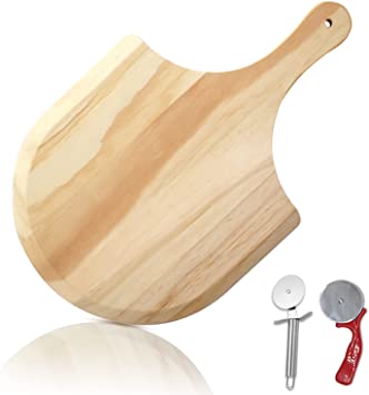 Photo 1 of 2 Packs of Natural Acacia Wood Pizza Peel and 2pizza cutter Wood Pizza Board Pizza Spatula Paddle for Baking Homemade Pizza and Bread, Wooden Pizza Paddle Great for Cheese Board, Platter, Charcuterie Board (12in)