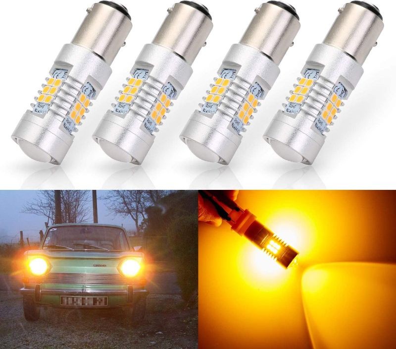 Photo 1 of ANTLINE Extremely Bright 1157 1157NA 2057 2357 7528 2357A BAY15D 21-SMD 2835 Chipsets 1260 Lumens LED Bulb Replacement Amber Yellow for Car Turn Signal Blinker Side Marker Lights Bulbs (Pack of 4)