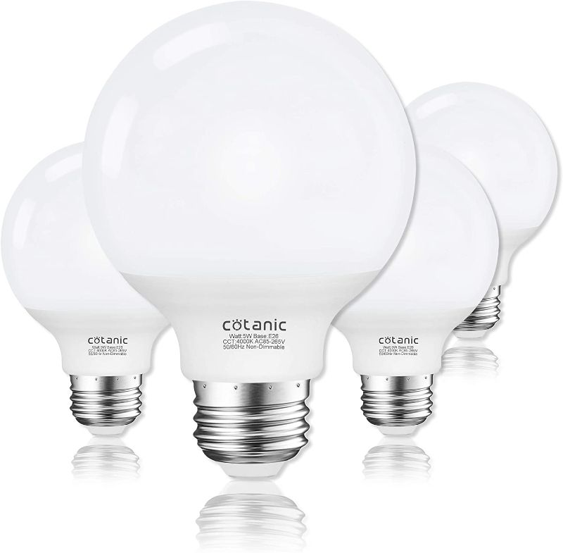 Photo 1 of G25 LED Globe Light Bulbs,Cotanic 5W Vanity Light Bulb (60W Equivalent),Daylight 4000K,Non-dimmable Makeup Mirror Lights for Bedroom,Led Bathroom Light Bulbs,E26 Medium Screw Base,500lm,Pack of 4