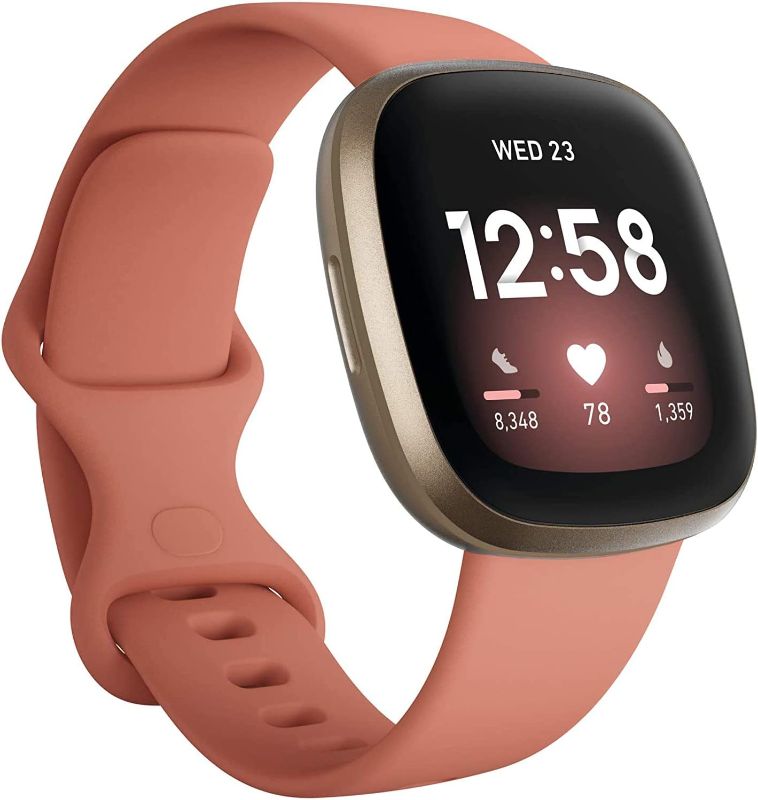 Photo 1 of Fitbit Versa 3 Health & Fitness Smartwatch W/ Bluetooth Calls/Texts, Fast Charging, GPS, Heart Rate SpO2, 6+ Days Battery (S & L Bands, 90 Day Premium Included) International Version (Pink/Gold)
