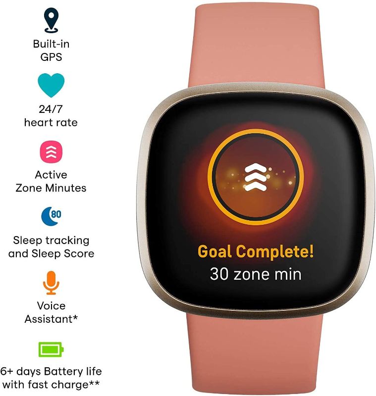 Photo 2 of Fitbit Versa 3 Health & Fitness Smartwatch W/ Bluetooth Calls/Texts, Fast Charging, GPS, Heart Rate SpO2, 6+ Days Battery (S & L Bands, 90 Day Premium Included) International Version (Pink/Gold)
