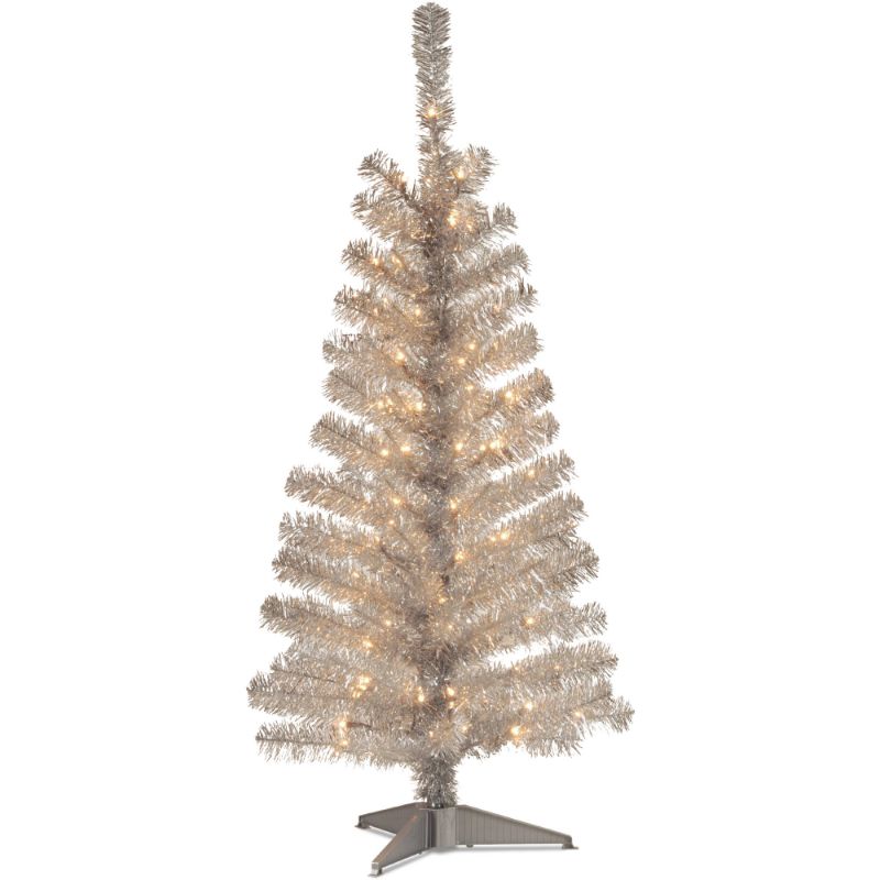 Photo 1 of National Tree 4 Ft. Silver Tinsel Tree with Clear Lights
