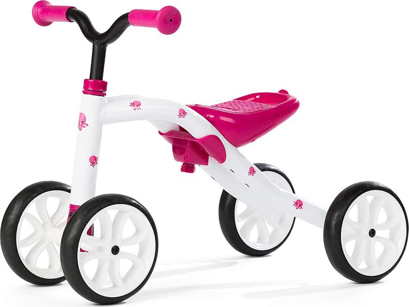 Photo 1 of Chillafish Quadie: Stable 4-wheel “Grow-with-Me” Ride-On, 3 Seat Positions with Cookie Storage in the Seat, Silent Non-Marking Wheels and Customization Stickers, Ages 1-3, Pink