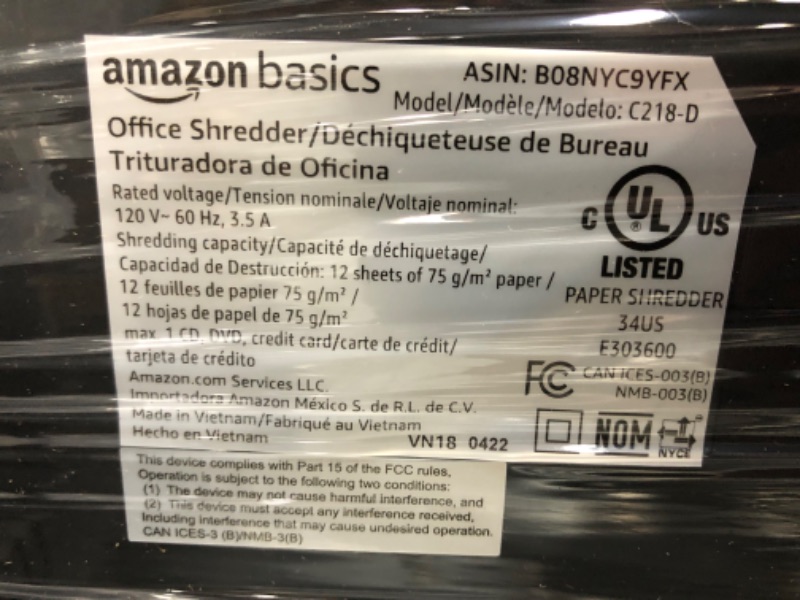 Photo 5 of Amazon Basics Micro Cut Paper Shredder and Credit Card CD Shredder with 6 Gallon Bin, 12 Sheet Capacity
