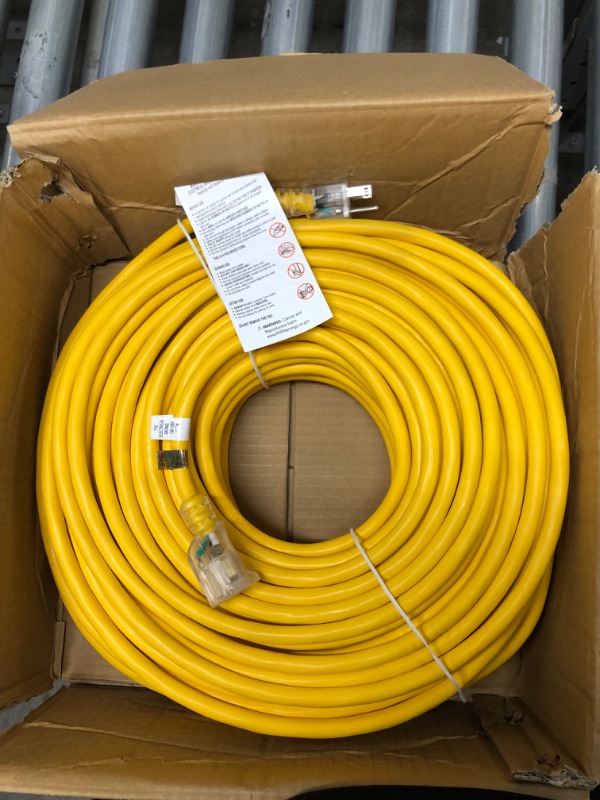 Photo 1 of 200 Foot Lighted Outdoor Extension Cord - 12/3 SJTW Heavy Duty Yellow Extension Cable with 3 Prong Grounded Plug for Safety - Great for Garden and Major Appliances
