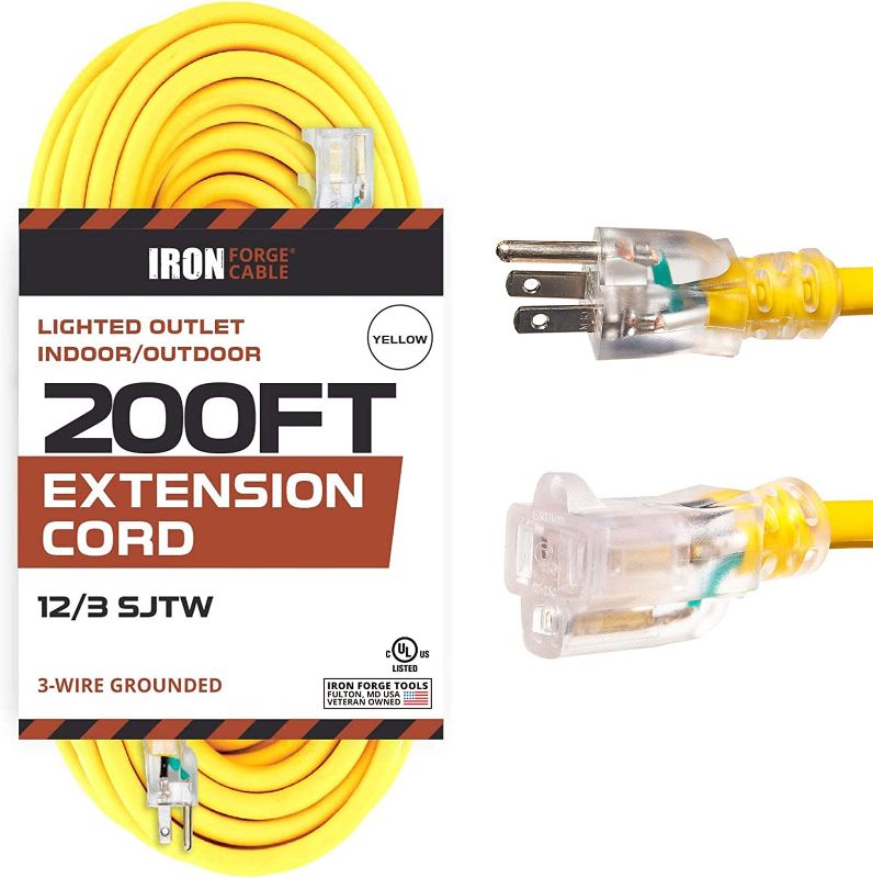 Photo 1 of 200 Foot Lighted Outdoor Extension Cord - 12/3 SJTW Heavy Duty Yellow Extension Cable with 3 Prong Grounded Plug for Safety - Great for Garden and Major Appliances
