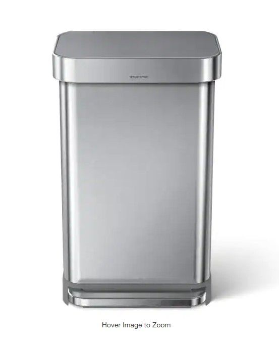 Photo 1 of 
45 l Liner Rim Rectangular Step Trash Can, Brushed Stainless Steel with Grey Plastic Lid
